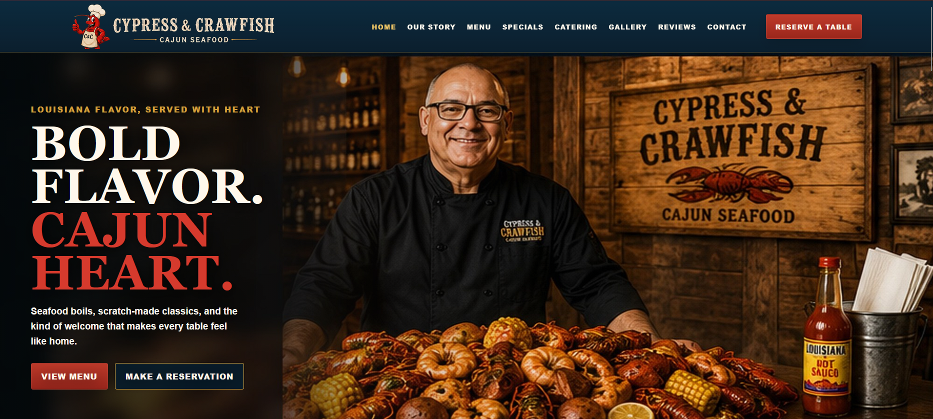Cypress & Crawfish One-Page Restaurant Website Template