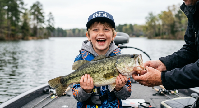A young angler smiling with a bass on the boat.