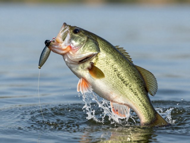 A largemouth bass jumping from the water.