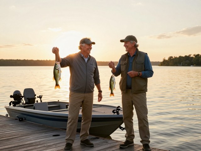 Two anglers holding their catches beside a boat.