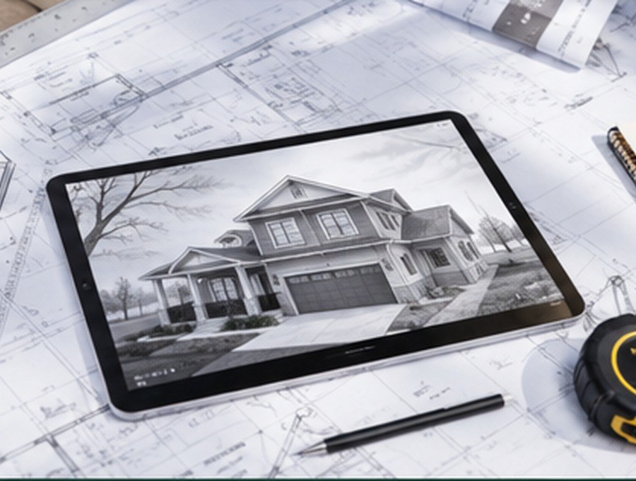Blueprint-style house drawing.