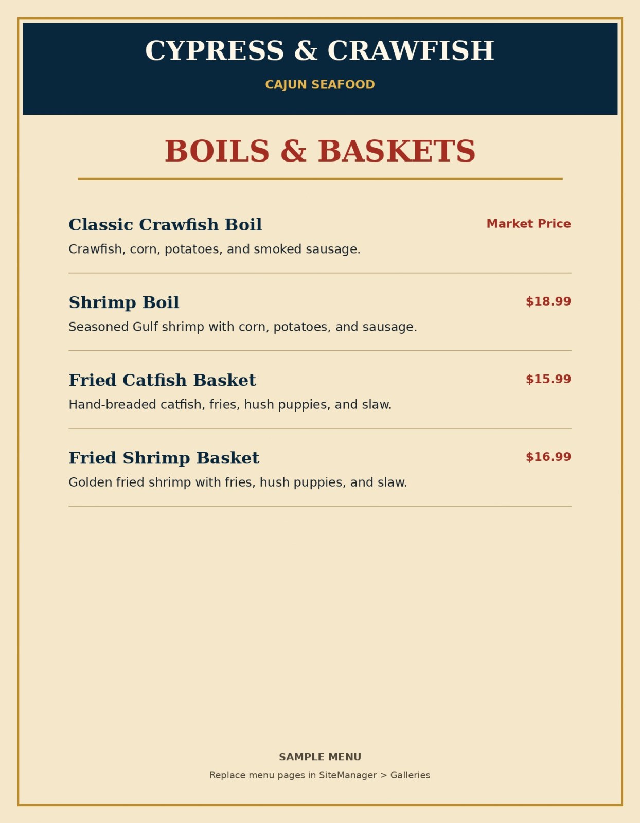 Cypress and Crawfish sample menu page for boils and baskets
