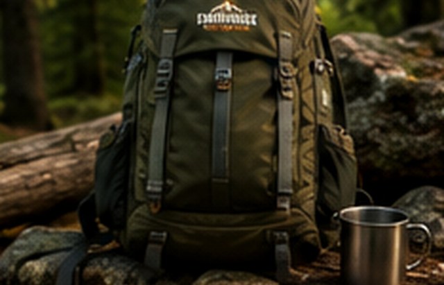 Outdoor backpack beside a log.