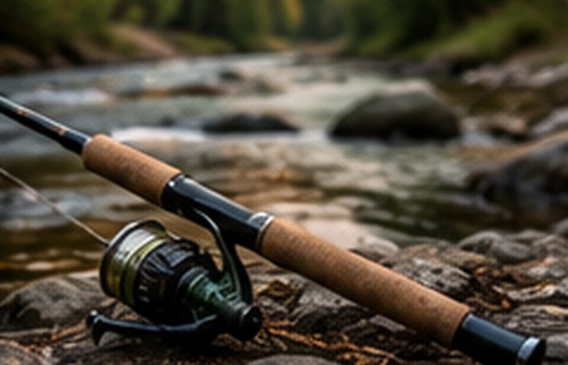 Fishing rod beside a forest stream.