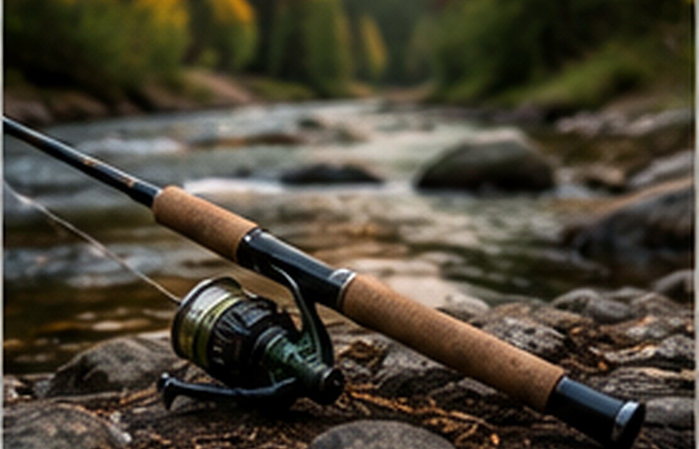Fishing rod beside a forest stream.