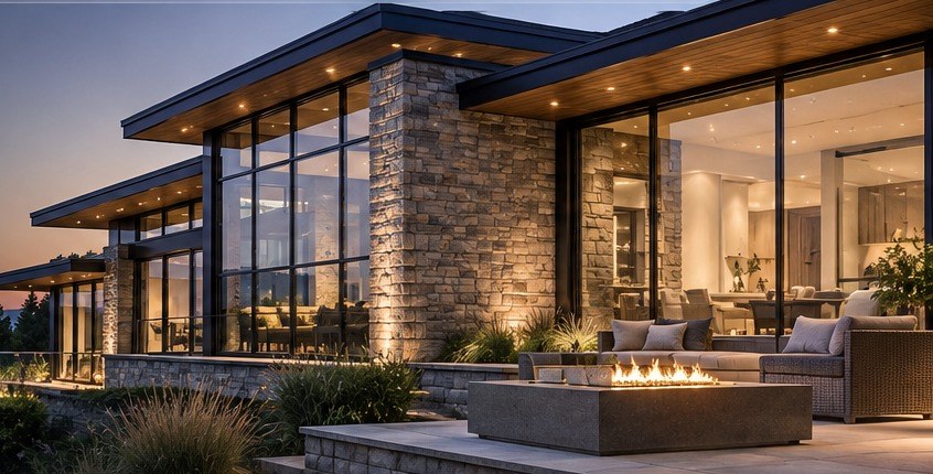 Contemporary stone-and-glass residence at dusk.