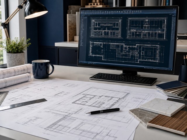 Commercial floor plans displayed at a professional CAD workstation.