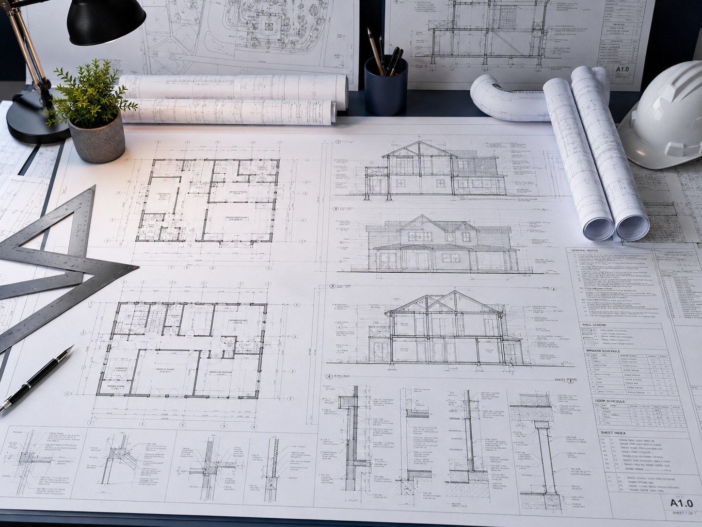 Architectural plans and drafting tools on a work surface.