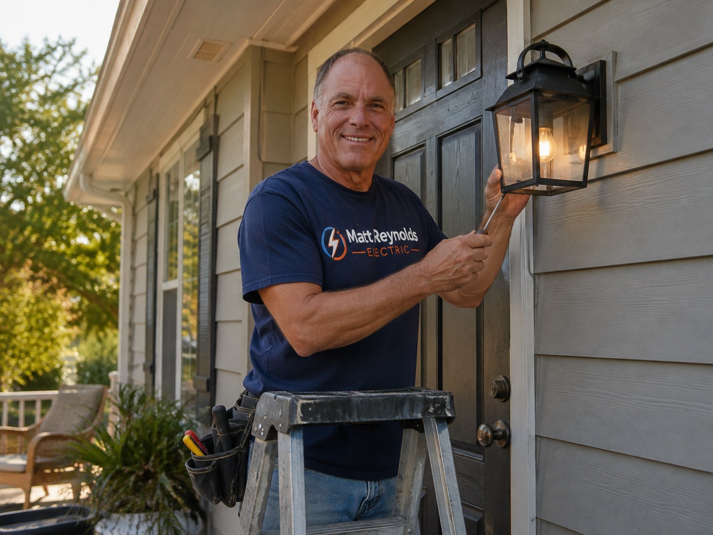 Matt Reynolds servicing an exterior light fixture.