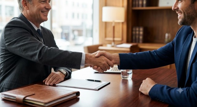 An attorney and client concluding a productive consultation.