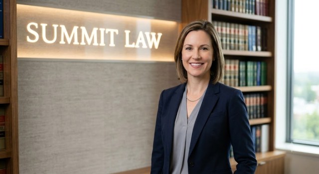 A professional attorney portrait in a modern law office.