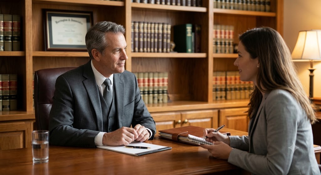 An attorney meeting privately with clients in a professional office.